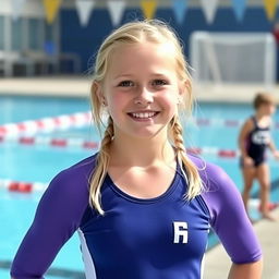 A 14-year-old blonde girl wearing a water polo suit, standing by the poolside