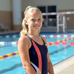 A 14-year-old blonde girl wearing a water polo suit, standing by the poolside