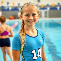 A 14-year-old blonde girl wearing a water polo suit, standing by the poolside