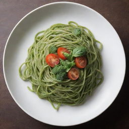 Artistically plateted green spaghetti in a gourmet presentation.