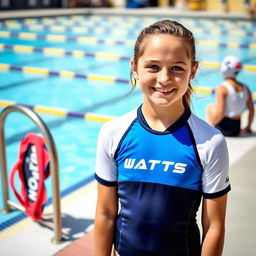 A 14-year-old girl wearing a water polo suit, standing by the poolside