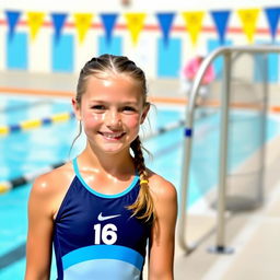 A 16-year-old girl wearing a water polo suit, standing by the poolside