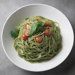 Artistically plateted green spaghetti in a gourmet presentation.