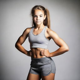 A strong 14-year-old girl showing her muscles confidently