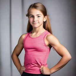 A strong 14-year-old girl showing her muscles confidently