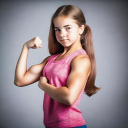 A strong 14-year-old girl showing her muscles confidently