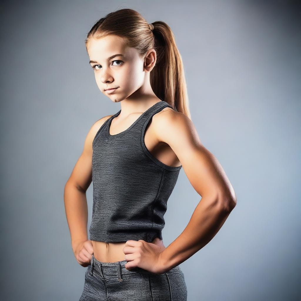 A strong 14-year-old girl showing her muscles confidently