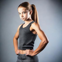 A strong 14-year-old girl showing her muscles confidently