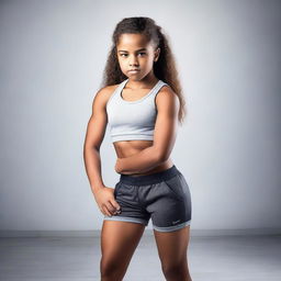 A strong 14-year-old girl showing her muscles confidently