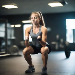 A 14-year-old strong girl working out in the gym