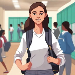 A 14-year-old girl who looks strong and confident, standing in a school environment