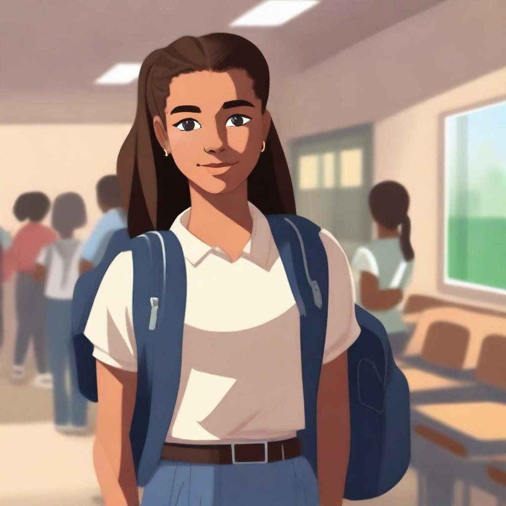 A 14-year-old girl who looks strong and confident, standing in a school environment