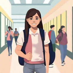 A 14-year-old girl who looks strong and confident, standing in a school environment