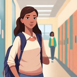 A 14-year-old girl who looks strong and confident, standing in a school environment