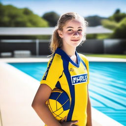 A 14-year-old strong girl wearing a water polo suit, standing by the poolside