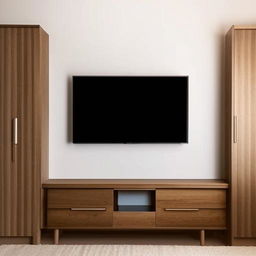 A minimalist interior wall featuring a mounted flat screen TV and a stylish wooden wardrobe