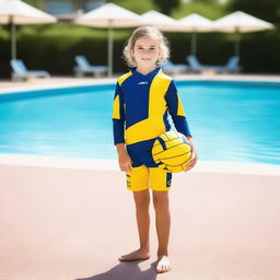 A full-body image of a 6-year-old strong girl wearing a water polo suit, standing by the poolside