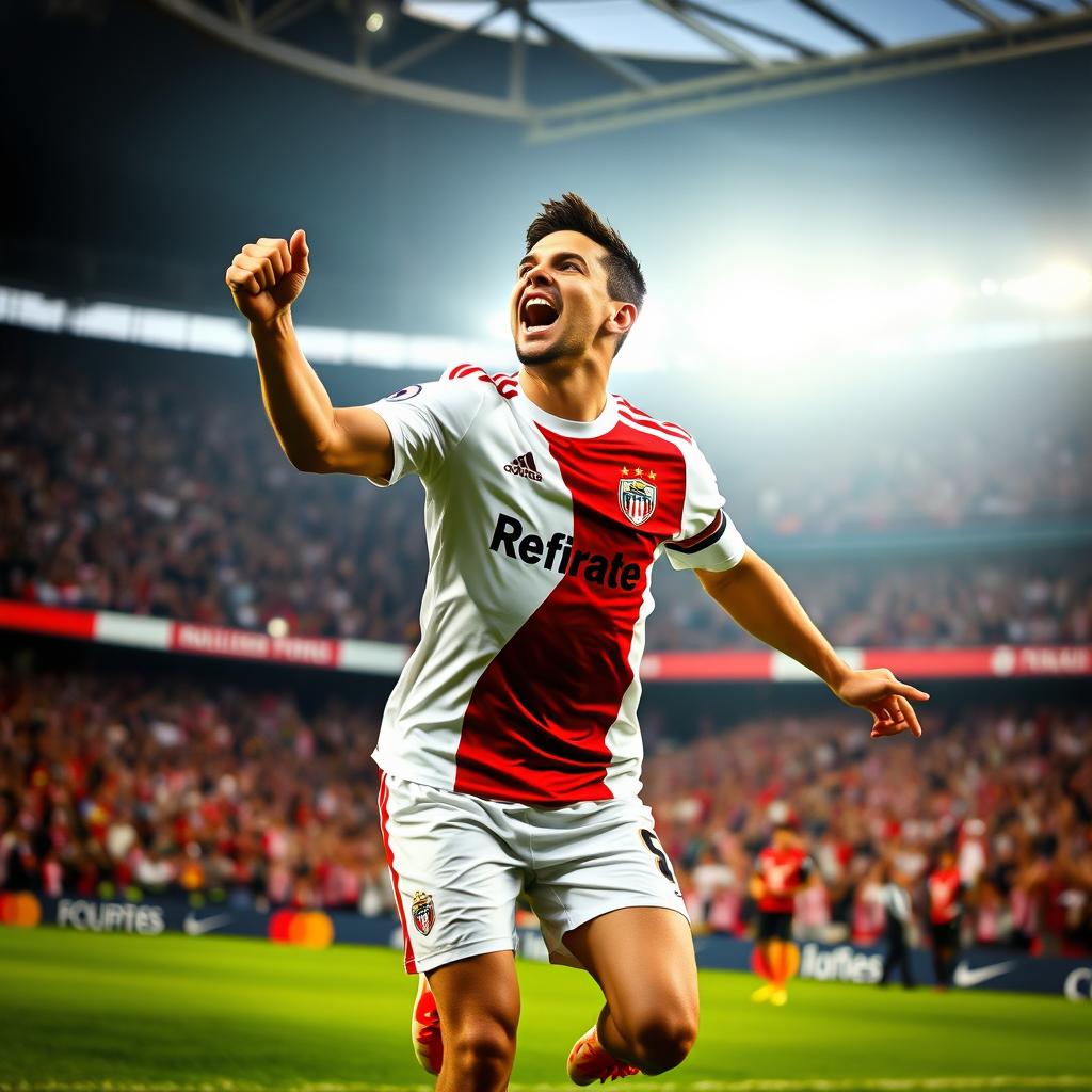 A vibrant and dynamic image of James Rodríguez in a River Plate football jersey, celebrating on the pitch