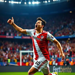 A vibrant and dynamic image of James Rodríguez in a River Plate football jersey, celebrating on the pitch