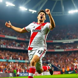A vibrant and dynamic image of James Rodríguez in a River Plate football jersey, celebrating on the pitch