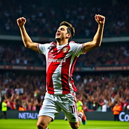 A vibrant and dynamic image of James Rodríguez in a River Plate football jersey, celebrating on the pitch