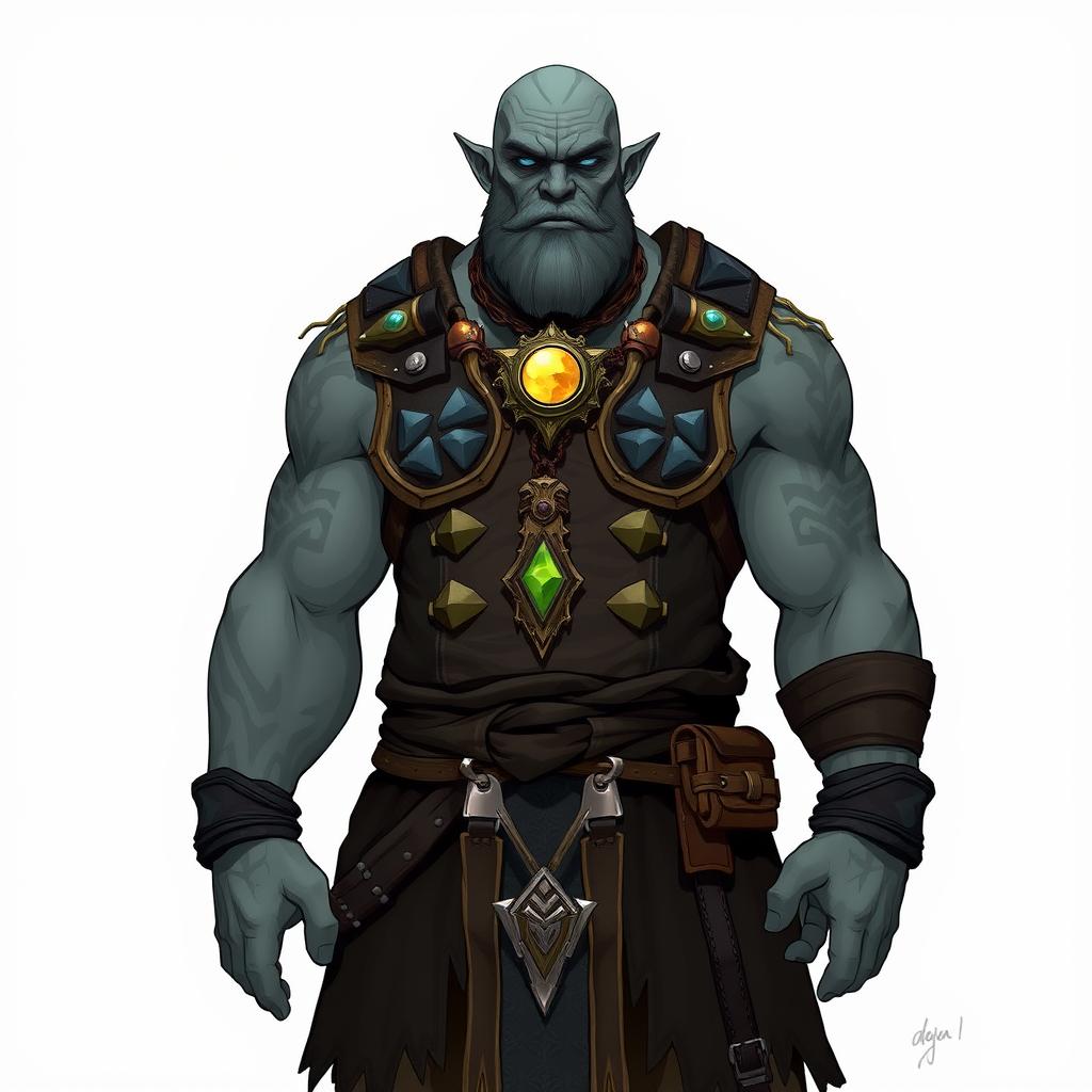 A full-body illustration of a Goliath Warlock with the Dao Genie patron