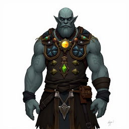 A full-body illustration of a Goliath Warlock with the Dao Genie patron