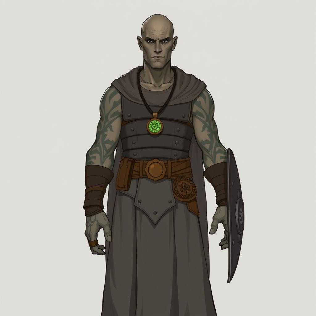 A full-body illustration of a tall and lean Goliath Warlock with the Dao Genie patron, appearing more like a wizard than a traditional warlock
