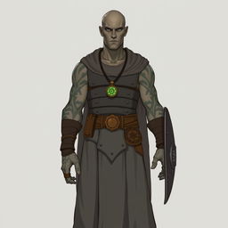 A full-body illustration of a tall and lean Goliath Warlock with the Dao Genie patron, appearing more like a wizard than a traditional warlock