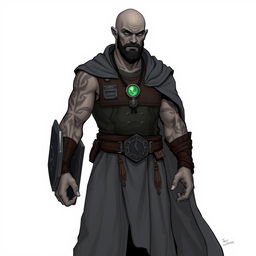 A full-body illustration of a tall and lean Goliath Warlock with the Dao Genie patron, appearing more like a wizard than a traditional warlock