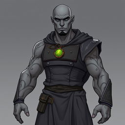 A full-body illustration of a tall and lean Goliath Warlock with the Dao Genie patron, appearing more like a wizard than a traditional warlock