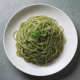 Artistically plateted green spaghetti in a gourmet presentation.