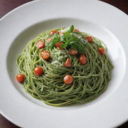 Artistically plateted green spaghetti in a gourmet presentation.