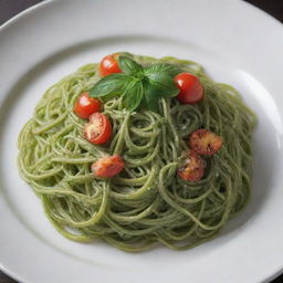 Artistically plateted green spaghetti in a gourmet presentation.