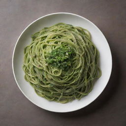 Artistically plateted green spaghetti in a gourmet presentation.