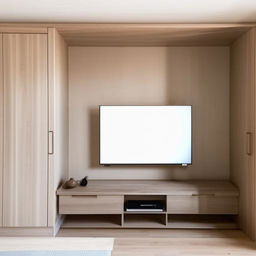 A minimalist interior wall featuring a mounted flat screen TV and a stylish wooden wardrobe