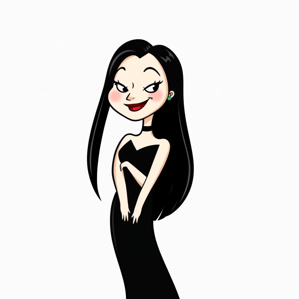 A quirky and fun profile image of Morticia Addams from The Addams Family, drawn in a cartoonish and playful style