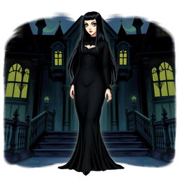 A detailed illustration of Morticia Addams from The Addams Family
