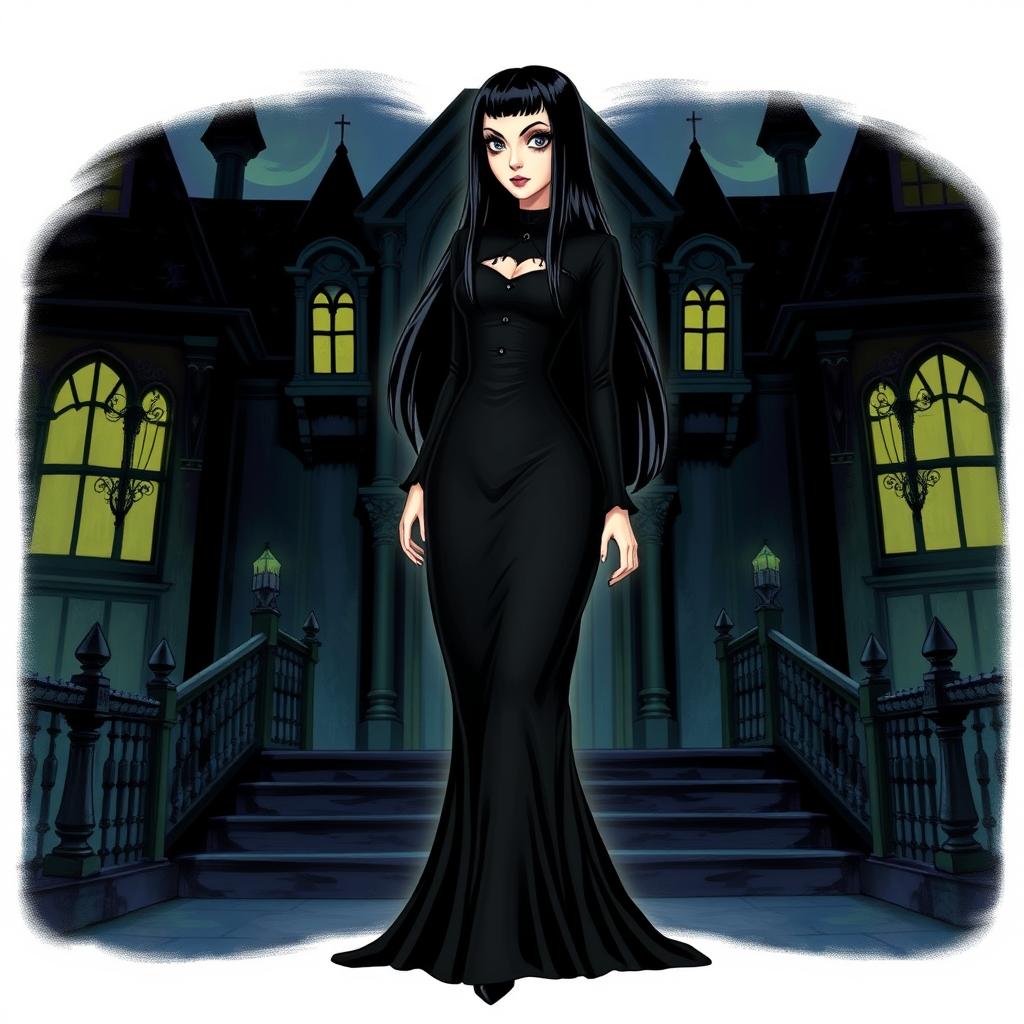 A detailed illustration of Morticia Addams from The Addams Family