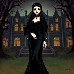 A detailed illustration of Morticia Addams from The Addams Family