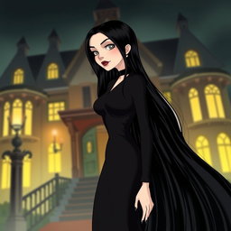 A detailed illustration of Morticia Addams from The Addams Family