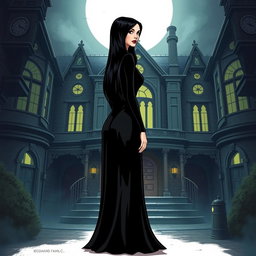 A detailed illustration of Morticia Addams from The Addams Family