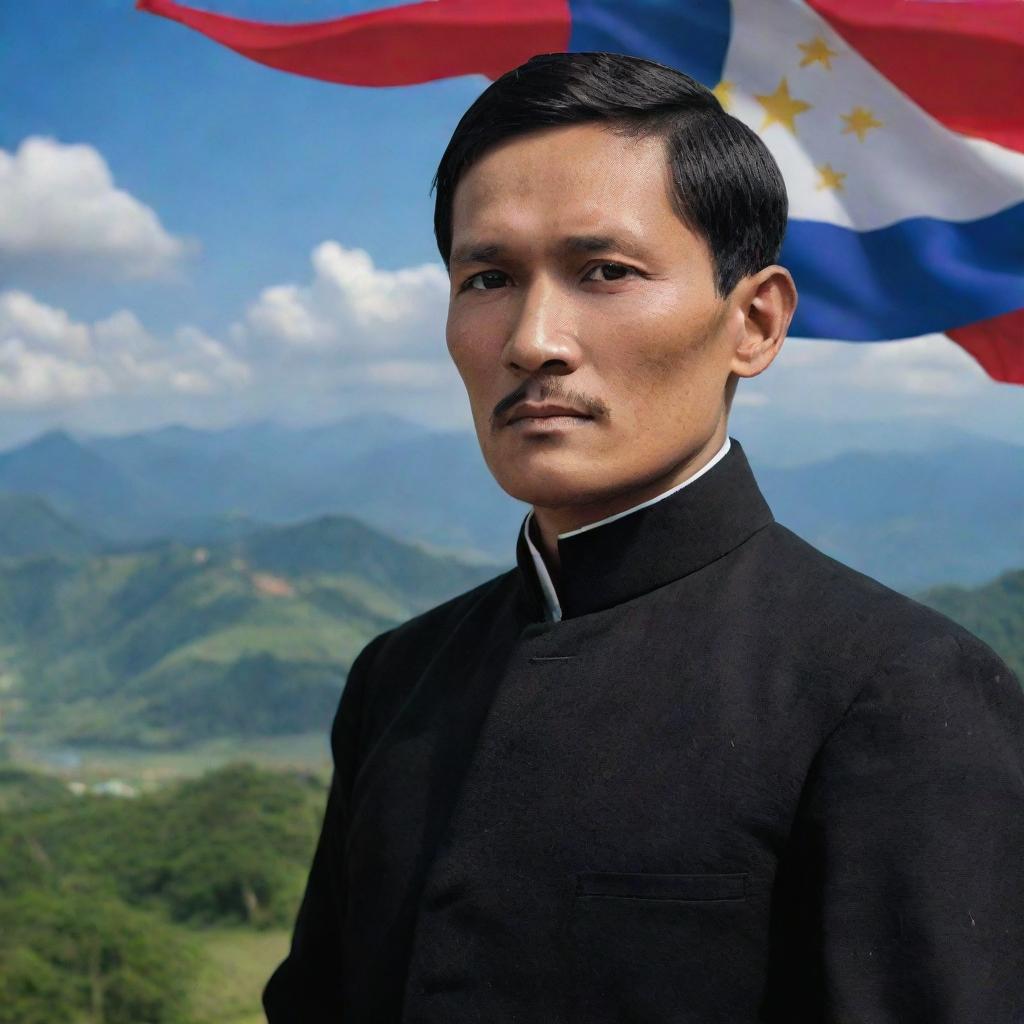 A powerful image of Jose Rizal gazing at the Filipino flag with deep resolve and patriotism, set against a backdrop of the Philippines' majestic landscapes.