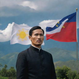 A powerful image of Jose Rizal gazing at the Filipino flag with deep resolve and patriotism, set against a backdrop of the Philippines' majestic landscapes.