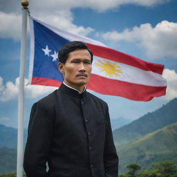 A powerful image of Jose Rizal gazing at the Filipino flag with deep resolve and patriotism, set against a backdrop of the Philippines' majestic landscapes.