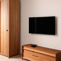 A minimalist interior wall featuring a mounted flat screen TV and a stylish wooden wardrobe