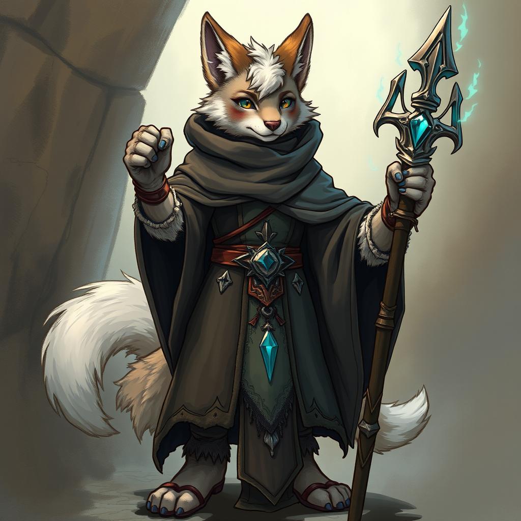 A detailed illustration of a furry cleric character wearing medieval-style robes and holding a magical staff