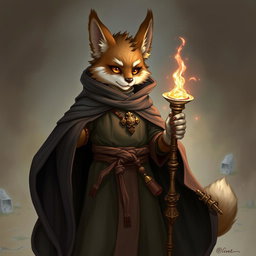A detailed illustration of a furry cleric character wearing medieval-style robes and holding a magical staff