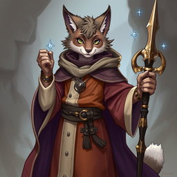 A detailed illustration of a furry cleric character wearing medieval-style robes and holding a magical staff