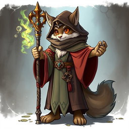 A detailed illustration of a furry cleric character wearing medieval-style robes and holding a magical staff